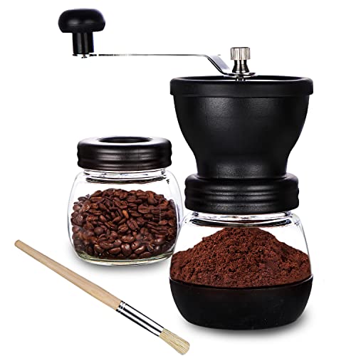 PARACITY Coffee Grinder Manual Burr with 2 Glass Jars( 11oz Each) Hand Bean Coffee Grinder Mill with Ceramic Burr Hand Crank Handheld Coffee Grinder Small Portable with Brush for Camping Travel